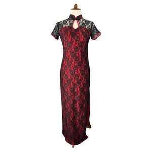 Asian Inspired Dress Women’s Med Red-All Over Black Lace Evening…